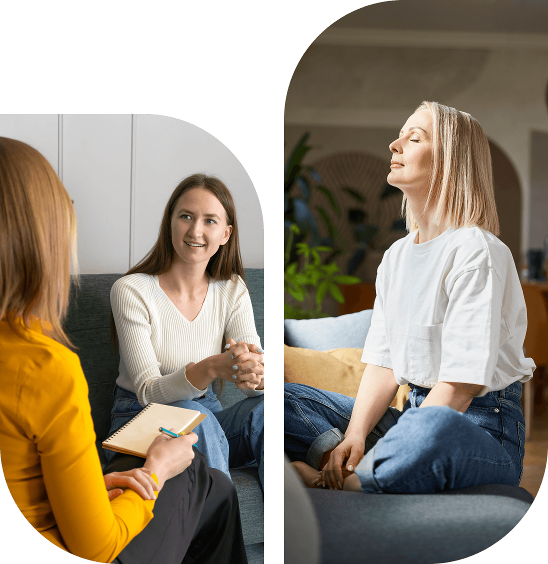 Two women talking and meditating indoors.